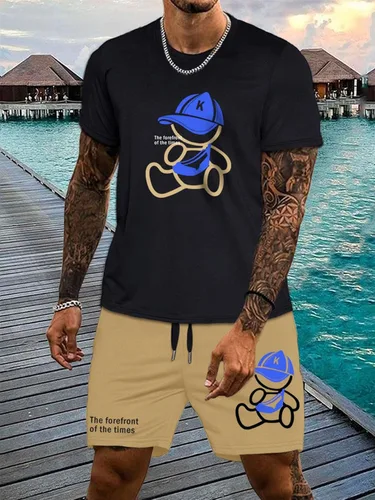 Vista 3 de COZYEASE Conjunto de 2 piezas para hombre, camiseta gráfica de manga corta, pantalones cortos con cordón y pantalones cortos de verano para la playa