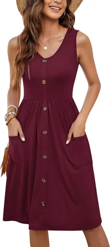 Vista 36 de MOLERANI Vestido de verano para mujer, sin mangas, estilo casual, suelto, con vuelo, botones, midi, con bolsillos 01-beja Blue