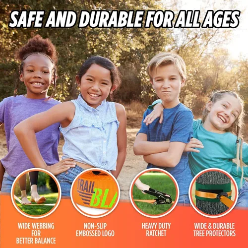 Vista 5 de Kit completo de ninja Slackline – Línea de holgura de 60 pies para patio trasero para niños y adultos – Kit de protección de árboles más anchos