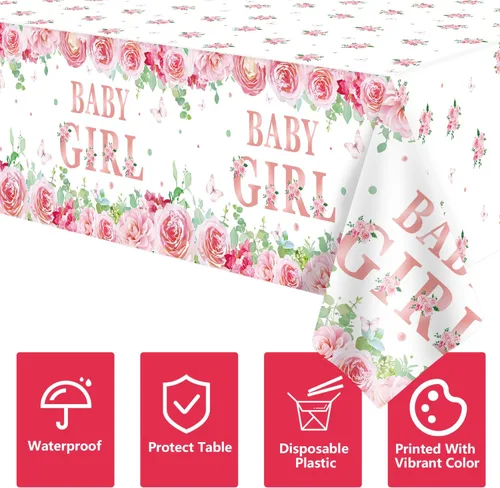 Vista 7 de Paquete de 4 manteles de baby shower, decoraciones de fiesta para niñas, suministros de fiesta de revelación de género, 86 x 51 pulgadas, mantel