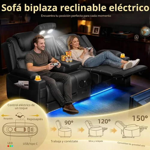 Vista 3 de Sofá reclinable eléctrico, asiento de cine en casa con consola abatible, sofá biplaza reclinable de pared con luz LED, puertos USB, sofá de casa