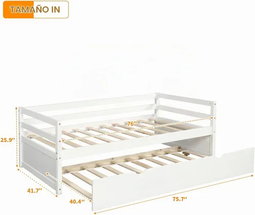 Vista 2 de Merax Sofá cama tamaño individual con nido, marco de sofá cama de madera maciza, color blanco