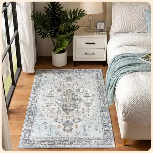 Vista 147 de Istana Alfombra larga antideslizante de 2.5 x 8 para el hogar, para pasillo y cocina, lavable, sedosa y suave al tacto, elegante, color azul y marfil