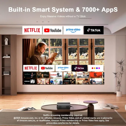 Vista 2 de [Aplicaciones integradas y enfoque automático/Keystone] Proyector inteligente con WiFi y Bluetooth, AuKing 800 ANSI 4K compatible con teléfono