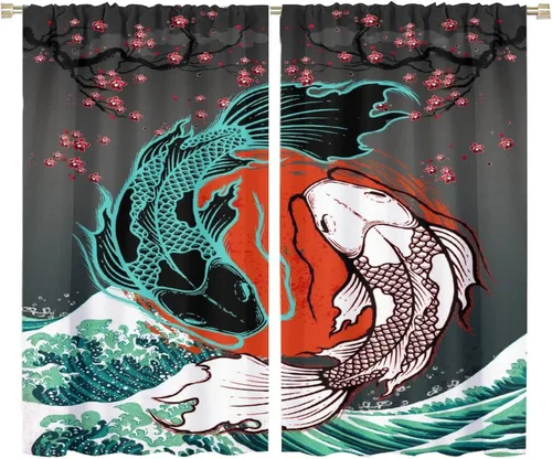 Vista 33 de Koi Fish - Cortinas opacas para cocina, estilo japonés, románticas, con estampado de flores de cerezo, con bolsillo para cortinero, cortinas opacas