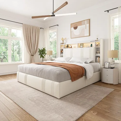 Vista 8 de EnHomee Base de cama de tamaño matrimonial con 4 cajones de almacenamiento y cabecero tapizado, marco de cama matrimonial con LED, estación de carga
