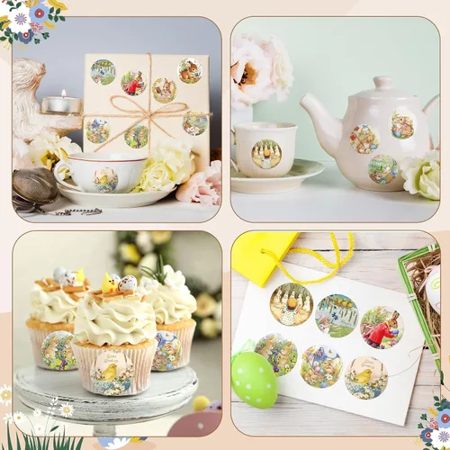 Vista 5 de 1000 rollos de calcomanías vintage de estilo victoriano de conejo de Pascua, 12 diseños retro lindos Buuny Peeps, calcomanías autoadhesivas