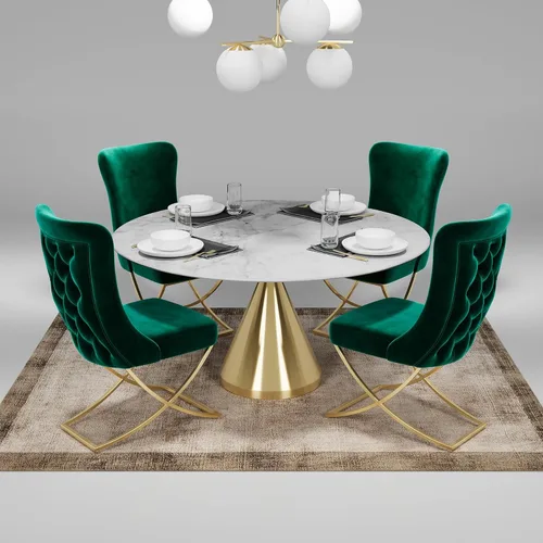 Vista 2 de Ottomanson Royal - Juego de 2 sillas de comedor tapizadas de microfibra copetuda, montadas, patas de metal dorado, marco de madera de haya