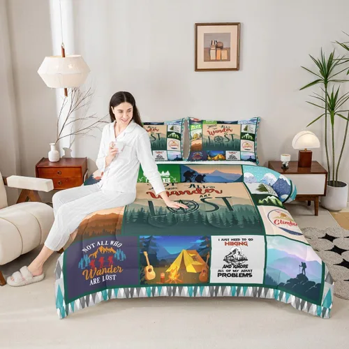 Vista 34 de Juego de ropa de cama con temática de cámper, juego de edredón de cabaña de madera marrón y verde, tamaño matrimonial, 3 piezas, decoración de Multi