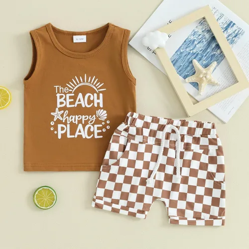 Vista 88 de Ropa de bebé niño sin mangas + pantalones cortos con estampado a rayas con bolsillos, 2 piezas de trajes de verano