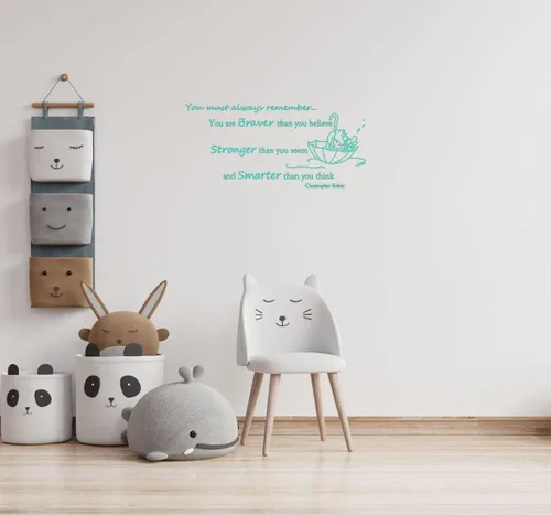 Vista 5 de Wall Decals Quote Winnie Pooh Braver Stronger Smarter Vinyl Sticker Baby Boy Girl Bedroom Nursery Home Decor L343 (56in x 26in, white)