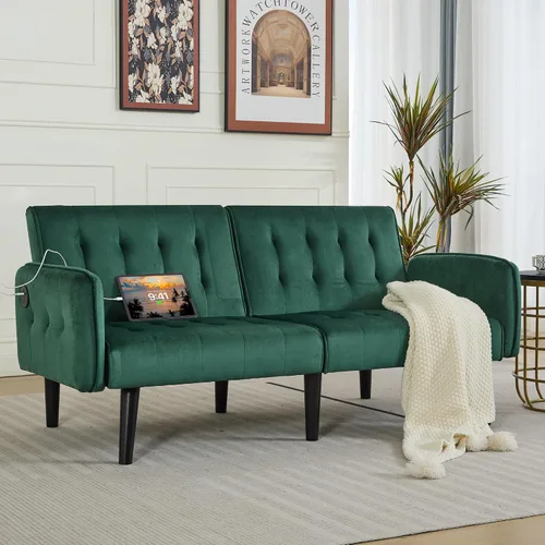 Vista 2 de TYBOATLE Sofá Cama Futón Plegable Convertible Moderno de Terciopelo de 65" de Ancho con 2 Puertos de Carga USB y Brazos, Sofá de Dos Plazas