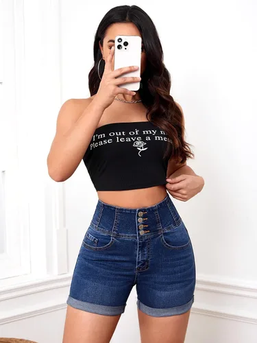Vista 6 de Floerns Pantalones cortos de mezclilla casuales de cintura alta con botones para mujer