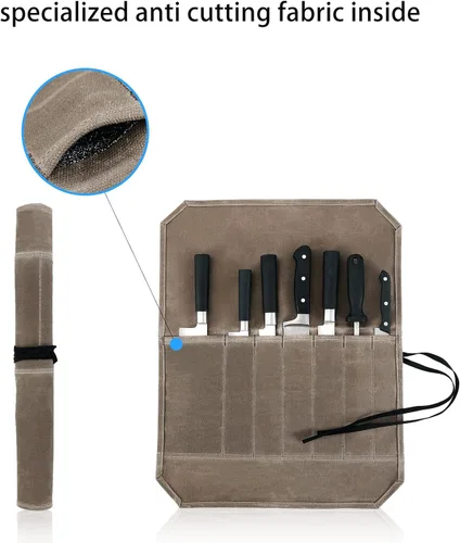 Vista 2 de HERSENT Funda enrollable para cuchillos de chef, lona encerada, soportes para cuchillos, protectores, herramientas de cocina para el hogar