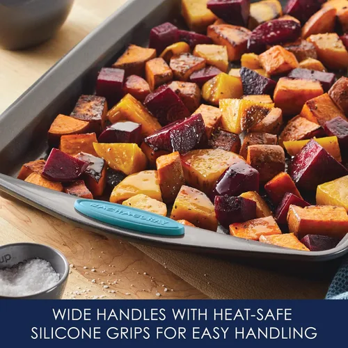 Vista 8 de Rachael Ray Bakeware - Juego de bandejas antiadherentes para galletas, 3 piezas, gris con agarres azul agave