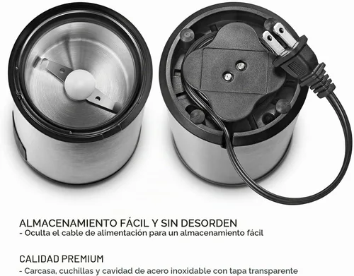 Vista 4 de FSM Molinillo de café eléctrico y molinillo de especias con sistema de bloqueo de seguridad, acero inoxidable con tapa transparente y base