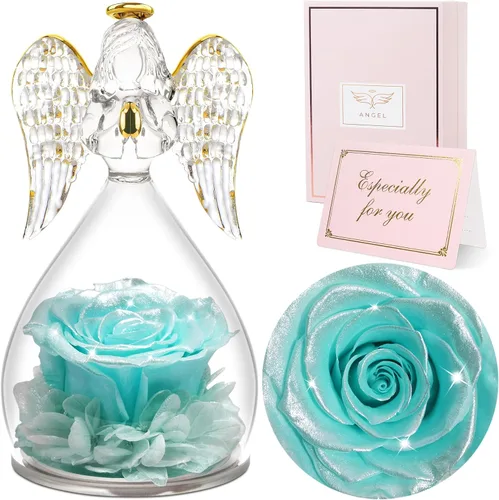 Vista 12 de Sunia Regalos para mamá, regalos de cumpleaños para mujeres, rosas reales preservadas en figura de ángel de cristal, flores eternas para la entrega