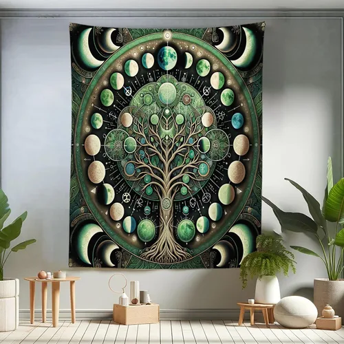 Vista 94 de Ambesonne Tapiz verde, fases lunares alrededor de un árbol de la vida, impresión de diseño bohemio de astrología nocturna, decoración de tela