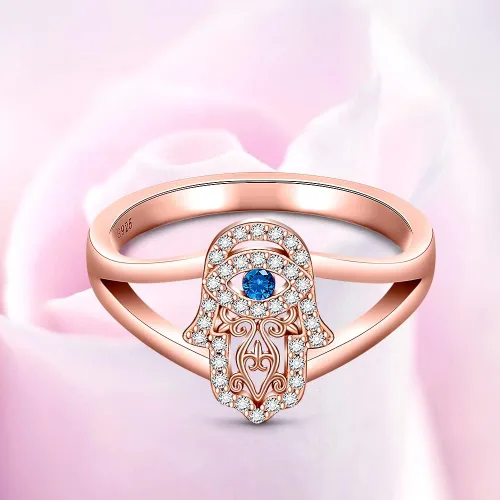 Vista 9 de Hamsa - Anillo para el mal de ojo para mujer, anillo de plata de ley con mano de Fátima, oro rosa, protección espiritual de la buena suerte, amuleto