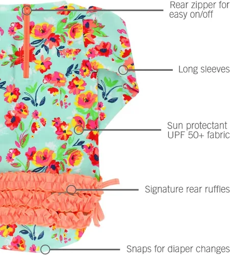 Vista 3 de RuffleButts - Traje de baño de manga larga, de una pieza, para bebéniñas, con protección solar UPF 50+
