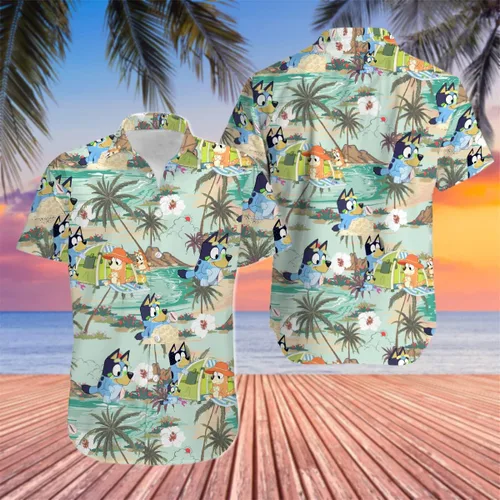 Vista 3 de Blueys - Camisa hawaiana para hombre, diseño de dibujos animados, color azul, para adultos, jóvenes, verano, vacaciones, regalo para él, papá, vida
