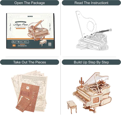 Vista 9 de ROKR Rompecabezas de madera 3D para adultos, 223 piezas, kit de modelo de piano a escala 1:20, rompecabezas de construcción, caja de música