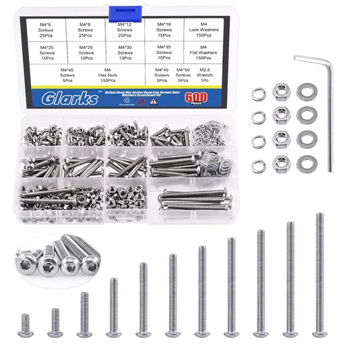 Vista 10 de Glarks 1021 tornillos de cabeza de botón M2 304 de acero inoxidable hexagonal, tornillos y tuercas arandelas kit surtido con llave hexagonal