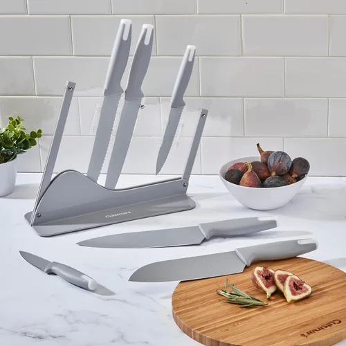 Vista 2 de Cuisinart Juego de cubiertos de cerámica con tapa de 7 piezas en soporte acrílico, gris