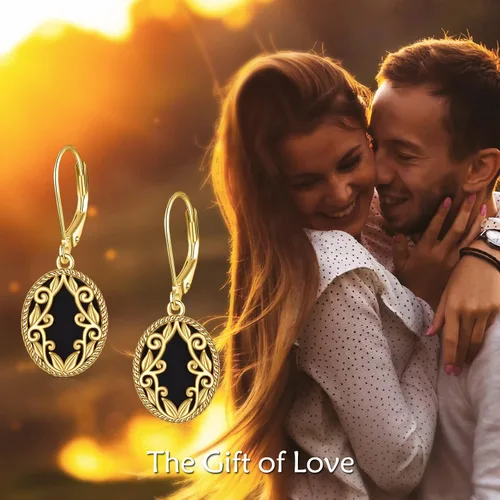 Vista 6 de Aretes de ónix negro de plata de ley chapados en oro amarillo de 18 quilates con filigrana bohemia, aretes colgantes de joyería para mujeres y niñas
