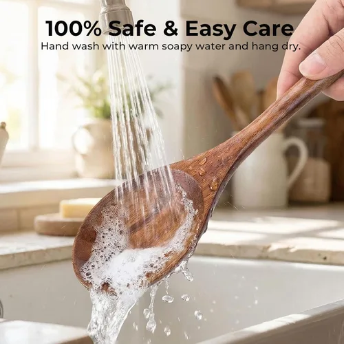 Vista 6 de HANSGO cucharas de madera para cocinar, 2 piezas de utensilio de cocina de madera de acacia, cucharas de servir de madera de 12 pulgadas