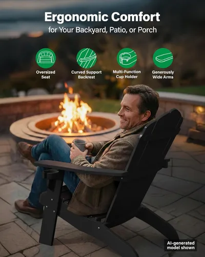 Vista 7 de YEFU Silla Adirondack de gran tamaño con soporte para tazas, silla para fogata de plástico para exteriores, resistente a la intemperie, silla