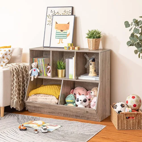 Vista 5 de HOOBRO Estantería para niños, estantería con cabecera, cubo de almacenamiento de juguetes, estantería para juguetes de niños, gabinete