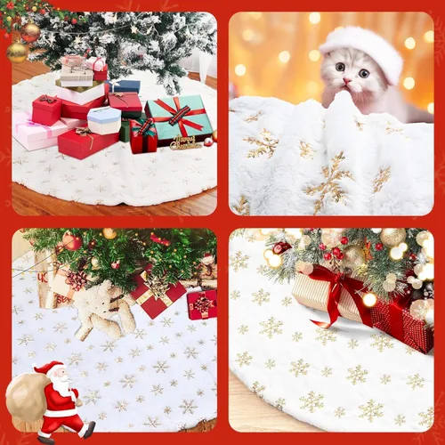 Vista 8 de Faldas de árbol de Navidad de 60 pulgadas, falda de árbol de Navidad de piel sintética blanca con copos de nieve de lentejuelas doradas, faldas
