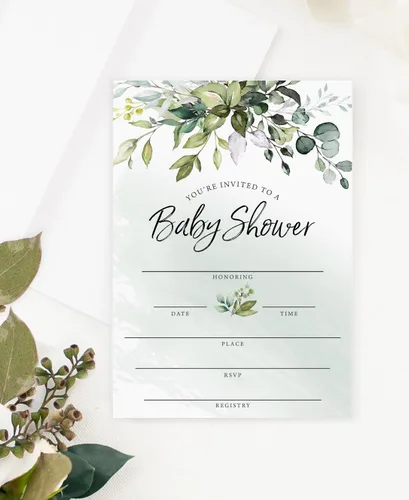 Vista 2 de Printed Party Invitaciones y sobres para baby shower, eucalipto verde, juego de 30