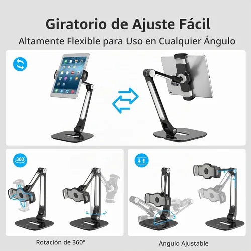 Vista 6 de AboveTEK Soporte para tableta, soporte ajustable para iPad multiángulo, soporte giratorio de 360° para iPad, soporte de escritorio de aluminio