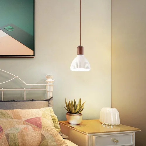 Vista 3 de White Ceramic Lampshade Pendant Light Height Adjustable Hanging Light Fixture Modern Vintage Wood Pendant Lamp for Kitchen Island Dining Room