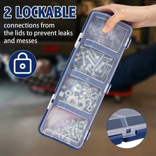 Vista 3 de Hushee Caja organizadora de tornillos de 4 piezas con tapa, 4 compartimentos, organizador de piezas pequeñas, de plástico, apilable, tuercas y Azul