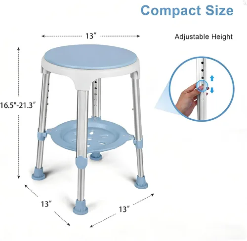 Vista 8 de Silla de ducha para ducha interior, taburete de ducha giratorio sin herramientas con bandeja de almacenamiento, silla de bañera ajustable y taburete