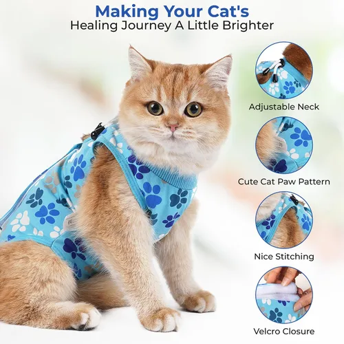 Vista 2 de Traje de recuperación para gatos: Traje de poscirugía azul suave para gatos con diseño de huella de pata - Traje de recuperación elástico