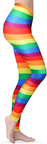 Vista 2 de GRAJTCIN Leggings de rayas arcoíris para mujer, pantalones de entrenamiento elásticos, mallas retro para cosplay de Halloween