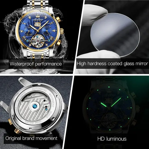 Vista 23 de OLEVS Relojes automáticos para hombre, oro de lujo, vestido de diamantes de cuerda automática, esqueleto mecánico, Tourbillon, reloj de pulsera