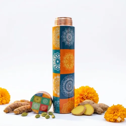 Vista 8 de Botella de agua de cobre puro de 34 onzas, recipiente ayurvédico auténtico para apoyo inmunológico y bienestar, ecológica, sin BPA, 100% cobre
