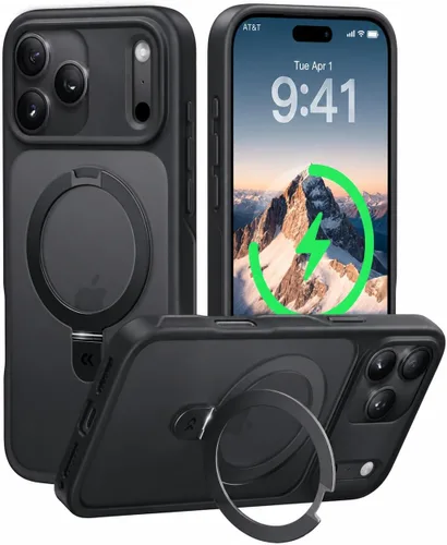 Vista 10 de CASEKOO- Funda para iPhone 15 Pro, c/soporte magnético invisible [protecc. militar contra caídas] [compatible c/MagSafe], a prueba de impactos Negro