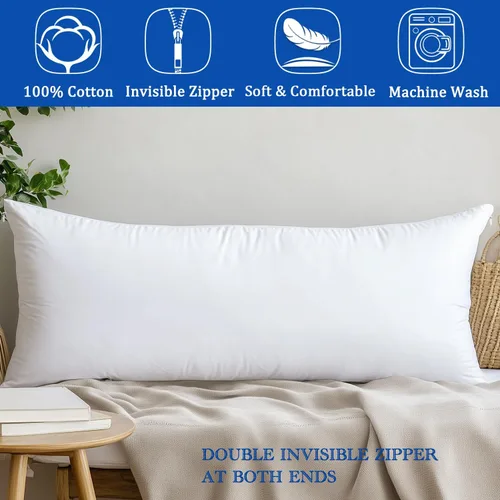 Vista 6 de Precoco - Funda de almohada corporal, 100 % algodón, funda de almohada corporal blanca de primera calidad con doble cremallera ajustada