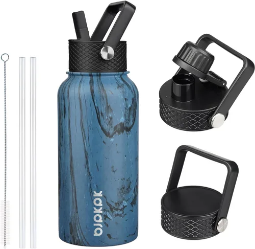 Vista 22 de BJPKPK Botellas de Agua Aisladas con Tapa de Pajita, Botella de Agua de Acero Inoxidable de 18oz, Termo Frío Caliente con 3 Tapas, Vaso de Viaje a
