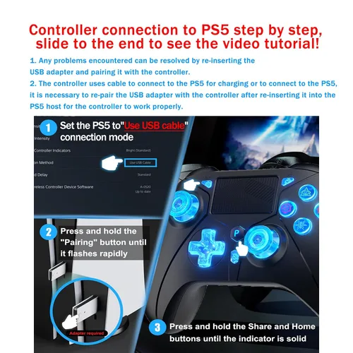 Vista 2 de Dinosoo 2.4G Wireless Controller for PS5 and PC – LED Light, Remappable Back Buttons, Adjustable Turbo, USB Adapter Included