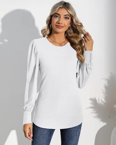 Vista 3 de Riyiper 2 piezas de camisetas de manga larga abombadas para mujer, estilo casual, holgadas, cuello redondo, puños con botón