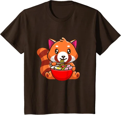 Vista 31 de Camiseta Kawaii Anime Red Panda Eating Ramen Noodles, Negro, S