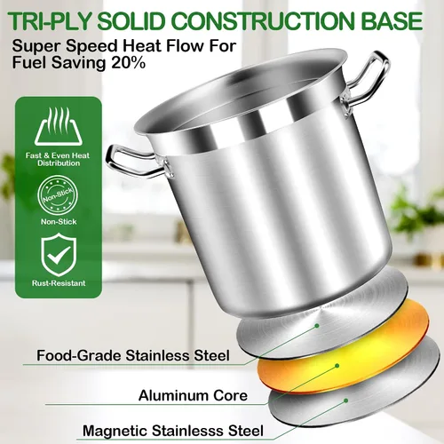 Vista 2 de STOCKPOT Olla de Caldo de 20 Cuartos con Tapa – Olla de Cocina de Acero Inoxidable para Sopa, Guiso y Pasta – Olla de Caldo Resistente Compatible