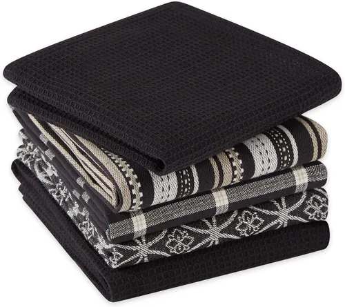 Vista 3 de DII Juego de cocina tejido surtido, toalla de cocina, 18 x 28 pulgadas, paño de cocina, 13 x 13 pulgadas, color negro, 5 piezas